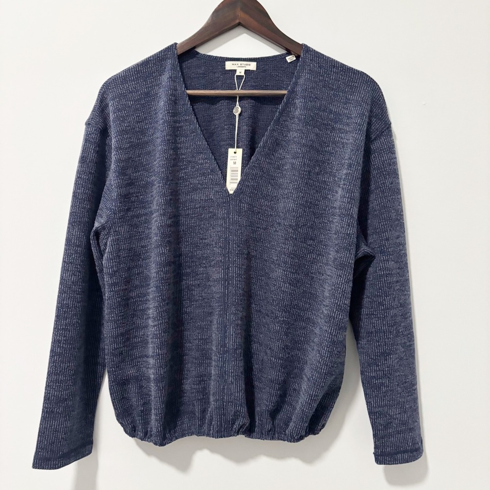 Max Studio Top Womens Size Medium Blue V-Neck Long Sleeve Elastic Hem Casual NWT
